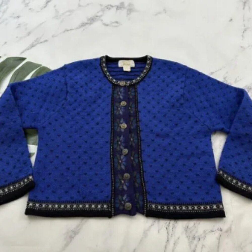 Tally Ho Womens Vintage Nordic Cardigan Sweater Size L Petite Blue Purple Wool